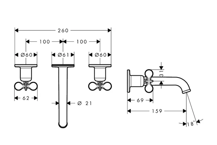 Змішувач Axor Archivio 160 Cross для умивальника зі стіни на 3 отвори, Stainless Steel Optic (34033800) зображення 2