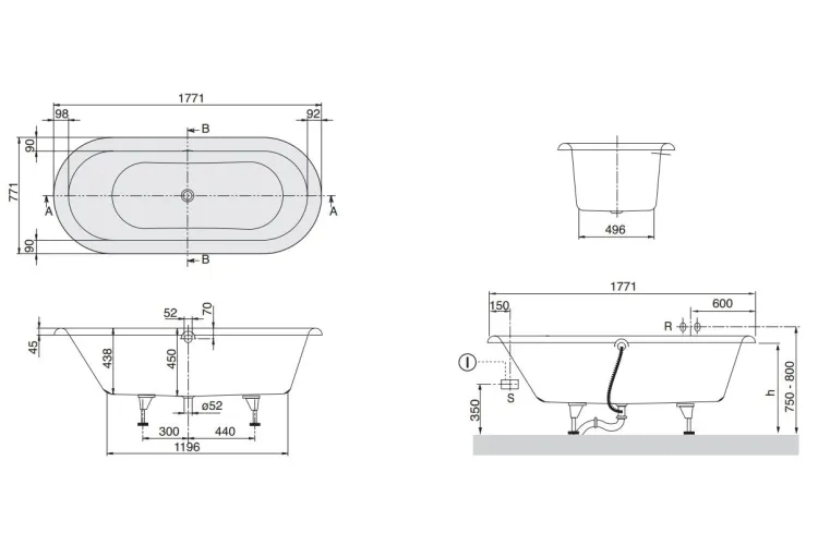 NEXUS Duo Oval Ванна кварил 1771х771 в комплекті з ніжками (UBQ180NEU7V-01) зображення 3