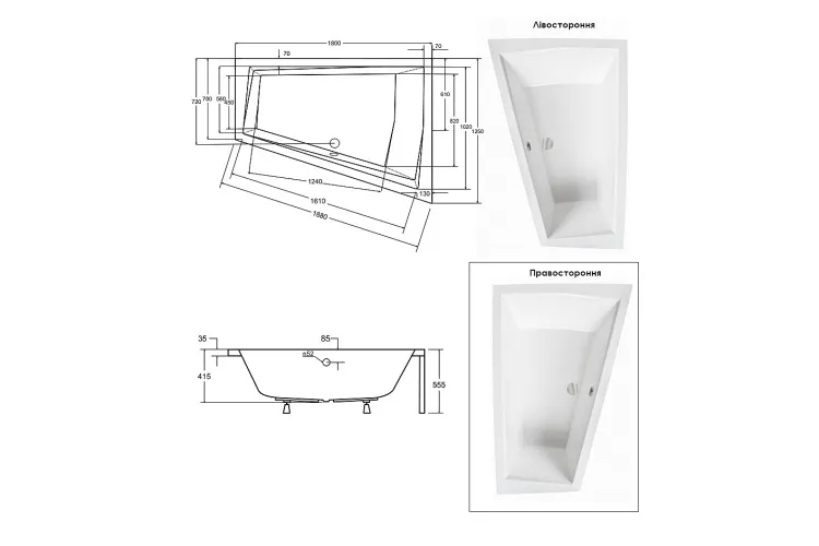 Ванна акрилова INTIMA DUO 180x125 Права (соло) без ніг image 5