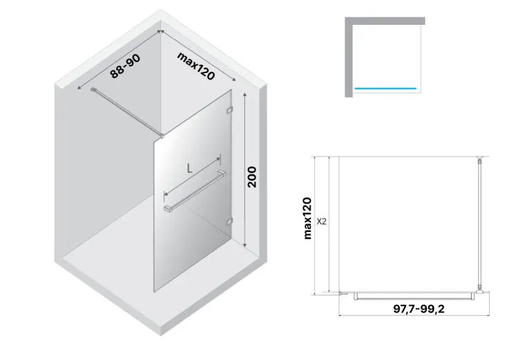 Душова кабіна walk in AVEXA GUNMETAL BRUSHED 100x200 скло black ACTIVE SHIELD 8mm image 3