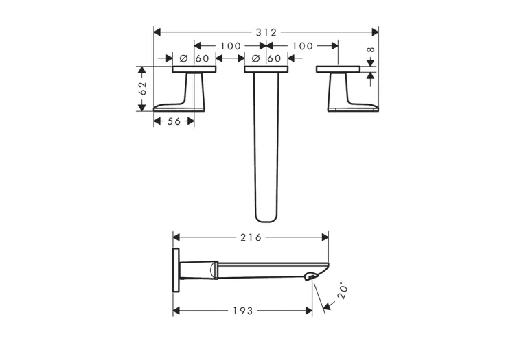 Змішувач Axor Citterio C 195 для умивальника зі стіни на 3 отвори Cubic cut, Matt Black (49071670) image 2