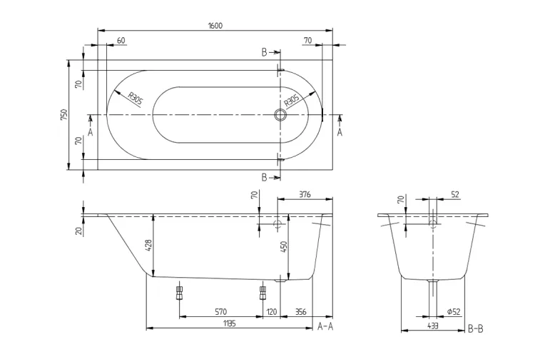 OBERON Ванна 1600x750 кварил з ніжками + Combipools (UCC160OBE2A1V01) зображення 3