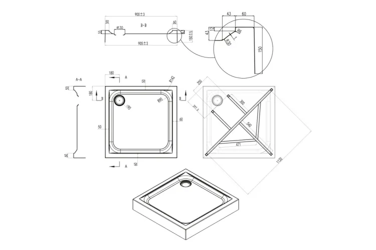 UNISQUARE Піддон 90x90 квадратний низький з сифоном 90мм image 2