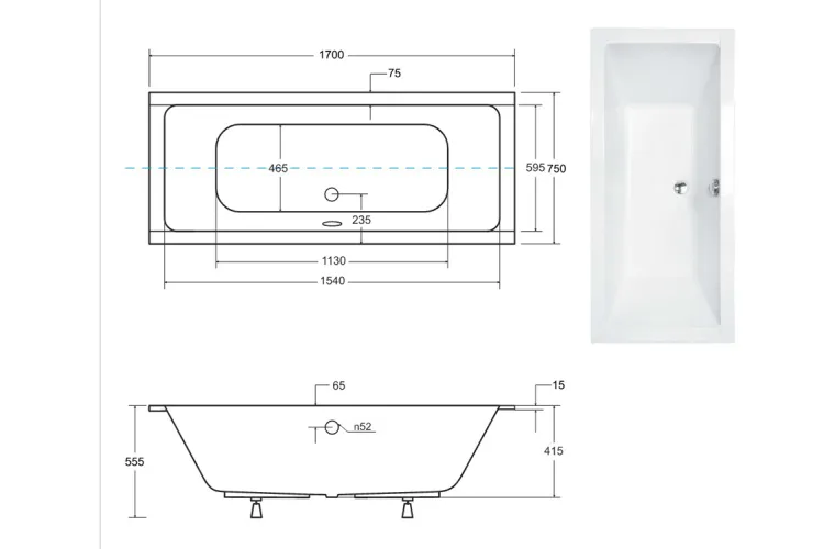 Ванна акрилова QUADRO SLIM 170х75 без ніг, БЕЗ отворів під ручки, без ручок image 3