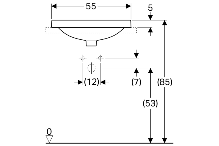 Умивальник VARIFORM 55 см прямокутний, врізний на стільницю, без отвору під змішувач, з переливом (500.737.01.2) image 3