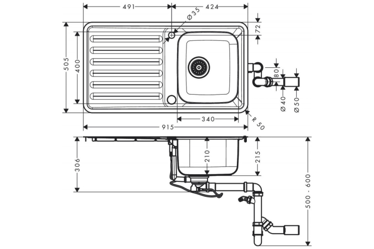 Кухонна мийка S4113-F340 на стільницю 915х505 з сифоном automatic (43337800) Stainless Steel image 2