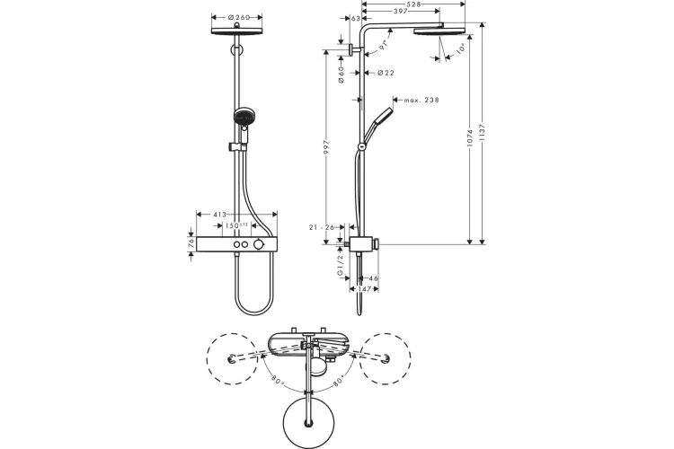 Душова система Pulsify S Showerpipe 260 1jet 400, Chrome (24220000) image 3