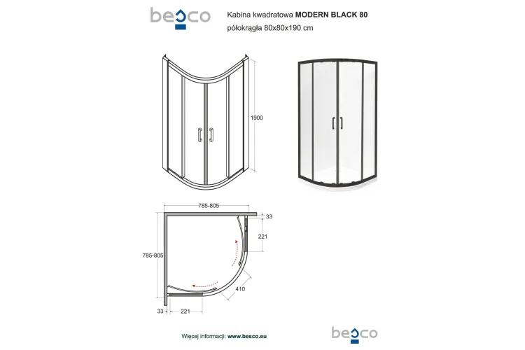 Кабіна півкругла MODERN 80x80x190 скло прозоре, проф. чорний мат image 3