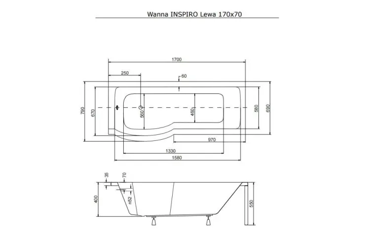 Ванна акрилова INSPIRO 170х70 Ліва (соло) без ніг image 4