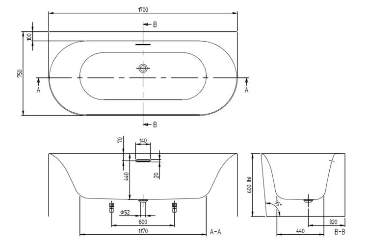 LOOP&FRIENDS Ванна 1700x750 овальна пристінна симетрична (UBA170LOF9CS00V-01) зображення 2