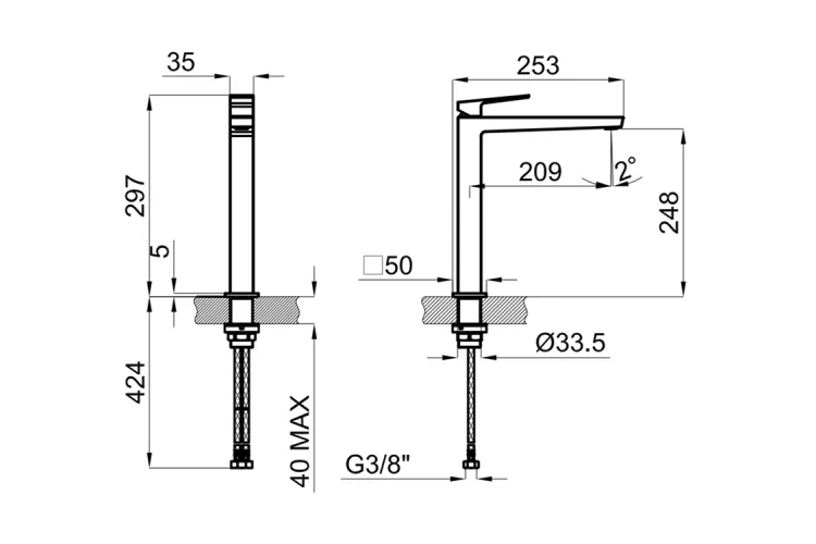SQUARE Змішувач для умивальника H-297 мм, керамічний картридж d25 мм, brushed copper (100281892) image 4