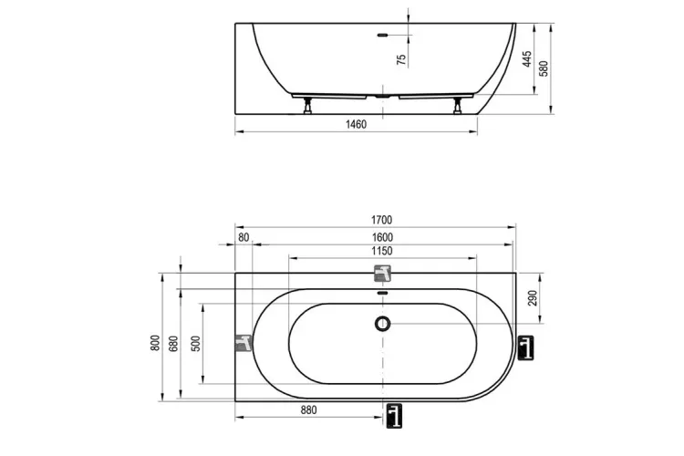 Ванна пристінна Freedom Corner 170х80 L (перелив/злив білий,чорний,хром) біла, XC00100041 image 4