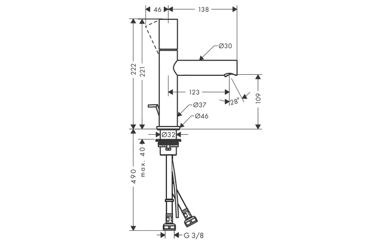 Змішувач Axor Uno 110 для умивальника, ручка Zero, донний клапан pop-up, Chrome (45001000) зображення 2