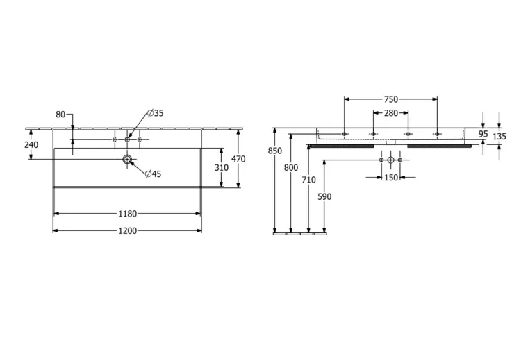 MEMENTO 2.0 Умивальник підвісний 1200x470 мм б/п Pure Black CP з отвором під змішувач (4A22CHR7) зображення 5