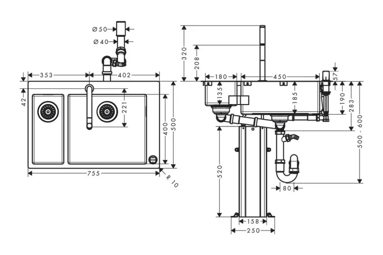 Кухонна мийка C71-F655-09 Сombi 755x500 на дві чаші 180/450 зі змішувачем 2Jet Sbox, Chrome (43206000) зображення 4