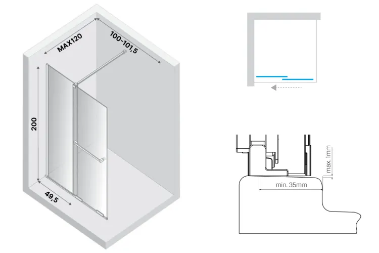 Душова кабіна walk in SMART 100x200 скло clear ACTIVE SHIELD 8mm image 3