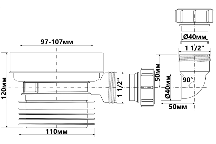 Коліно-підключення до WC коротке 120 мм. просте, з отвором 40 мм WC-CON1D зображення 3