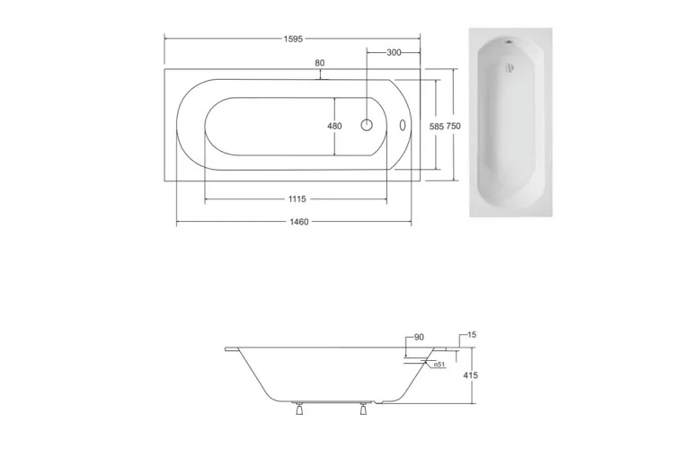 Ванна акрилова INTRICA SLIM 160х75 (соло) без ніг зображення 3