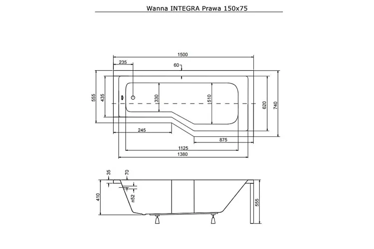 Ванна акрилова INTEGRA 150х75 Права (соло) без ніг зображення 4