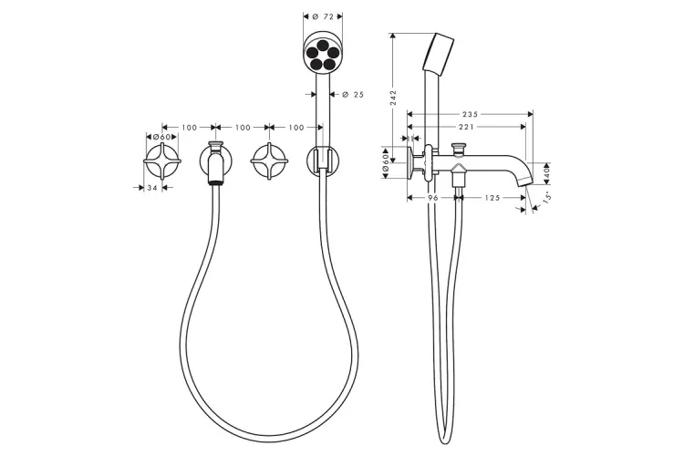 Змішувач AXOR One 220 Cross для ванни врізний зі стіни на 3 отвори, Chrome (48443000) зображення 2
