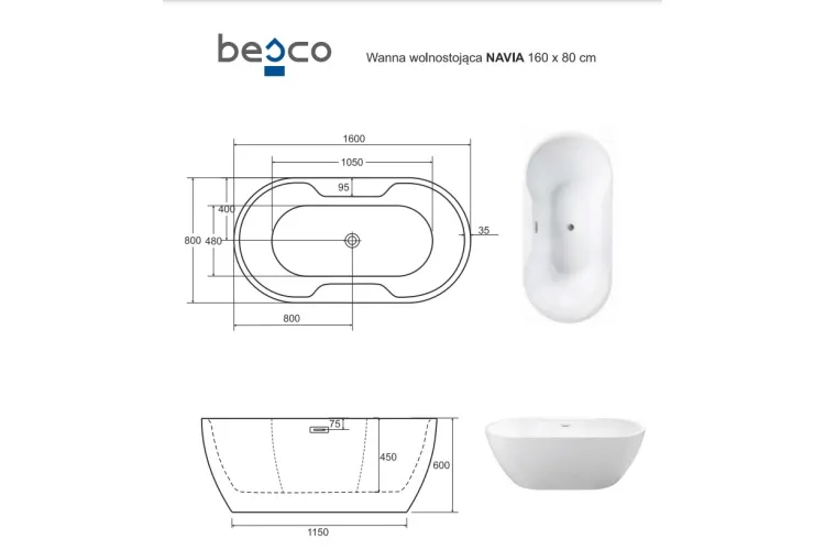 Ванна акрилова NAVIA ретро 160х80 з сифоном клік-клак та декоративною накладкою в білому кольорі зображення 4