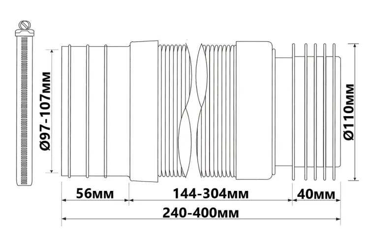 Гнучке пластикове з'єднання розтяжне L260-420 мм 110 мм без фланцевої прокладки з металевим хомутом WC-F23RJ зображення 2
