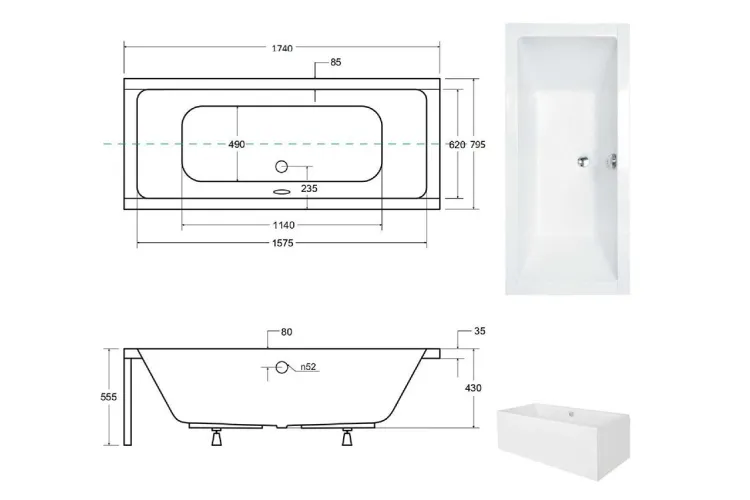 Ванна акрилова QUADRO 175х80 без ніг і ручок / БЕЗ отворів під ручки image 4