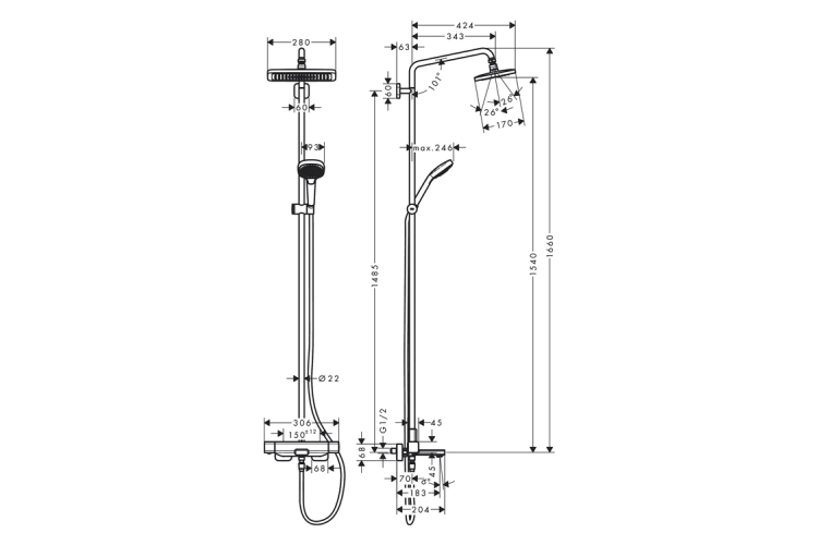 Душова система Croma E Showerpipe 280 1jet з термостатом для ванни (27687000) зображення 3