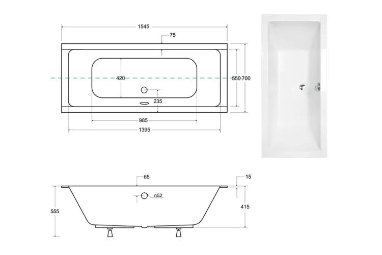 Ванна акрилова QUADRO SLIM 155х70 без ніг, БЕЗ отворів під ручки, без ручок image 5