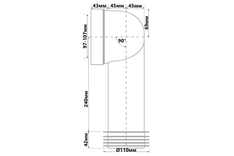 Коліно для унітазу під кутом 90 з гармошкою HC41 зображення 2