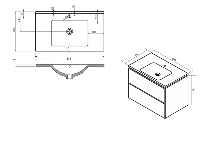 Тумба з умивальником GEO 80 см, дві шухляди, білий глянець 209000 зображення 4