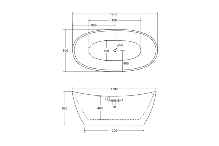 Ванна акрилова AYLA 170х80 з сифоном клік-клак хром зображення 6
