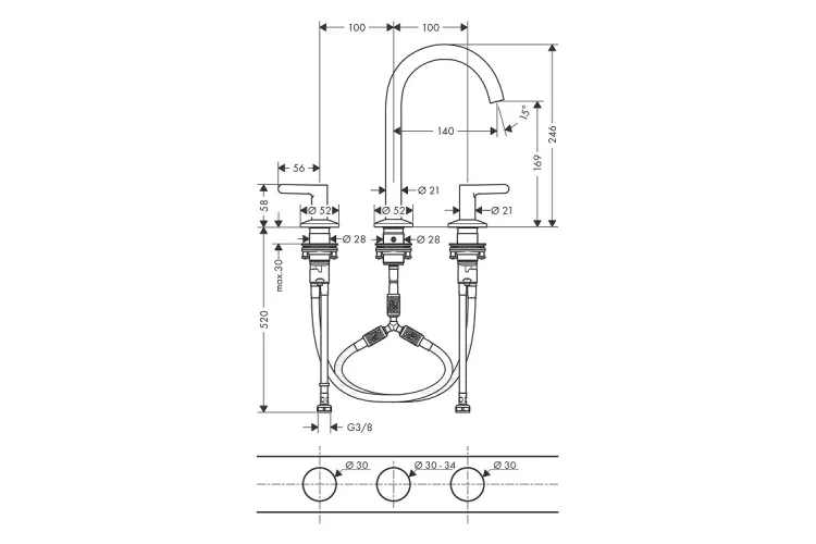 Змішувач AXOR One 170 для умивальника на 3 отвори з д/к push-open Polished Black Chrome (48050330) зображення 2