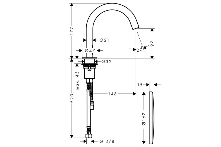 Змішувач AXOR Uno 100 для умивальника електронний 230V, Brushed Brass (38010950) зображення 2