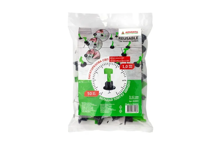Багаторазова СВП ADVANTA для плитки, 1 мм (50 шт + ключ) зелена зображення 2
