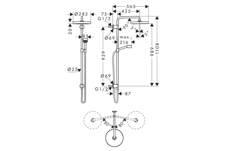 Душова система Axor One Showerpipe 280 1jet прихованого монтажу, Brushed Gold Optic (48790250) зображення 2