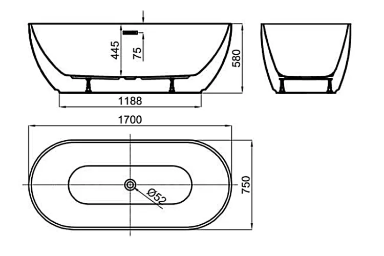 LOUNGE OVAL Ванна акрилова 170х75х58H на 260 л, злив по центру, овальна, біла блискуча (100206029) зображення 4