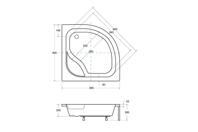 Піддон півкруглий DIPER I 90x90x24/35 з сидінням + ноги зображення 2