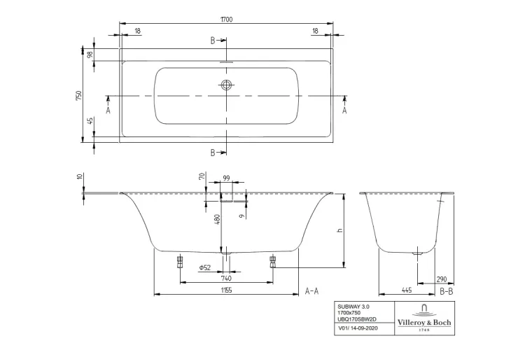 SUBWAY 3.0 Duo Ванна кварил 1700x750 з ніжками та сифоном Quaryl (UBQ170SBW2DV-01) image 6