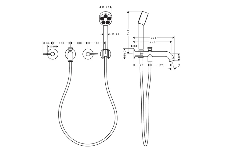 Змішувач AXOR One для ванни врізний зі стіни на 3 отвори, Stainless Steel Optic (48444800) image 2
