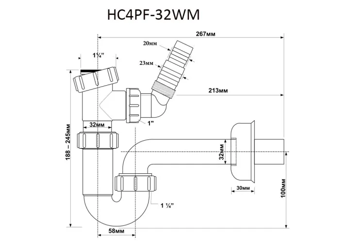 Сифон для умивальника HC4PF-32WM трубний б/зливу 1 1/4″x32мм з підключенням до пральної або посудудомийної машини, білий image 2