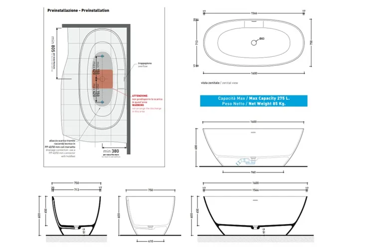 APP Ванна вільностояча 160x75x60 Argilla з сифоном та кришкою (AP160VARG)  зображення 2