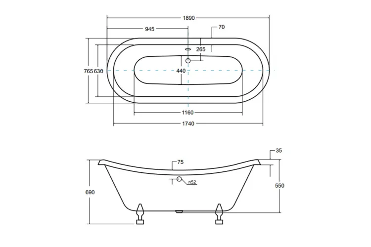 Ванна AMELIA ретро 190х77 з ногами золото, з 2 отворами, без сифону зображення 2