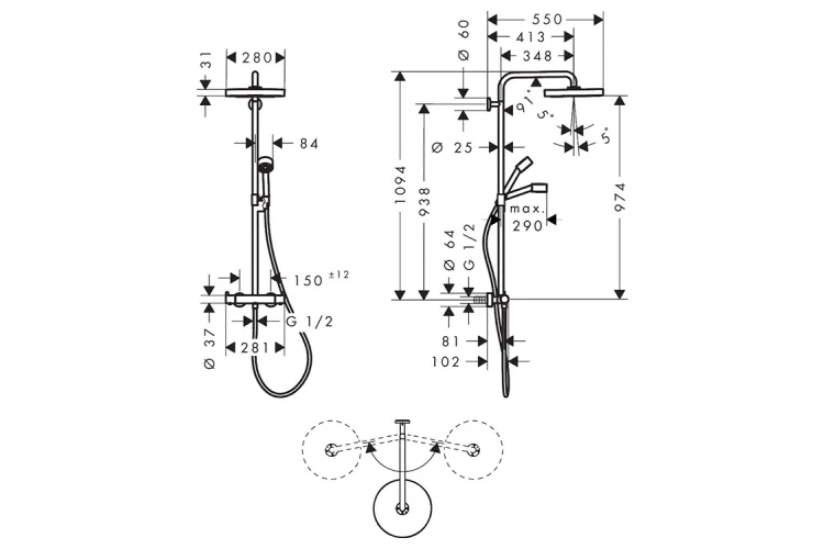 Душова система Axor One Showerpipe 280 1jet з термостатом, Chrome (48794000) image 2