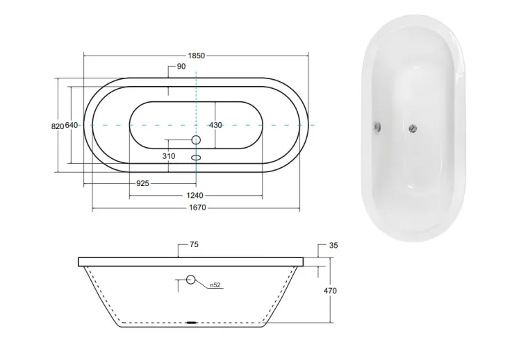 Ванна VICTORIA 185х83 з сифоном БЕЗ обудови image 3