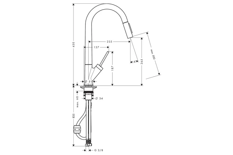 Змішувач Axor Starck 270 для кухні з витяжним виливом, Brushed Nickel (10821820) зображення 2