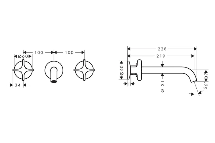 Змішувач AXOR One Cross 220 для умивальника зі стіни на 3 отвори Stainless Steel Optic  48140800 image 2