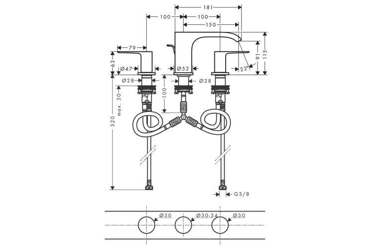 Змішувач Vivenis 90 для умивальника на 3 отвори з донним клапаном pop-up. Matt Black (75033670) image 3