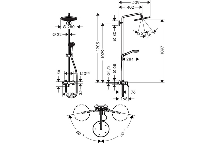 Душова система Croma Select S 280 RainAir 1jet Showerpipe зі змішувачем, хром (26791000) image 2