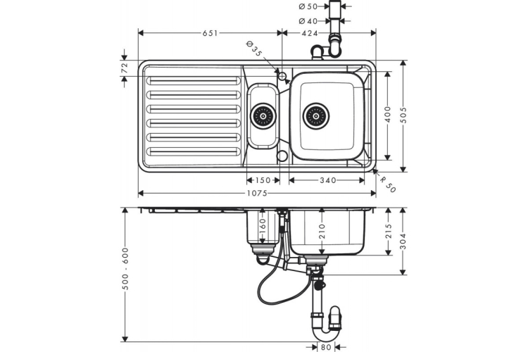 Кухонна мийка S4113-F540 на стільницю 1075х505 з сифоном automatic (43339800) Stainless Steel зображення 2